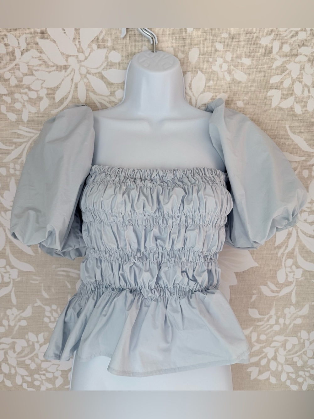 ASTR The Label Savina Puff Sleeve Top Light Blue Smocked Peplum M